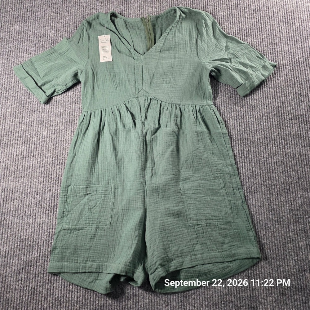 Cupshe Green V-Neck Textured Gauze Romper Short Sleeve Pockets CAA13E3M022RR S